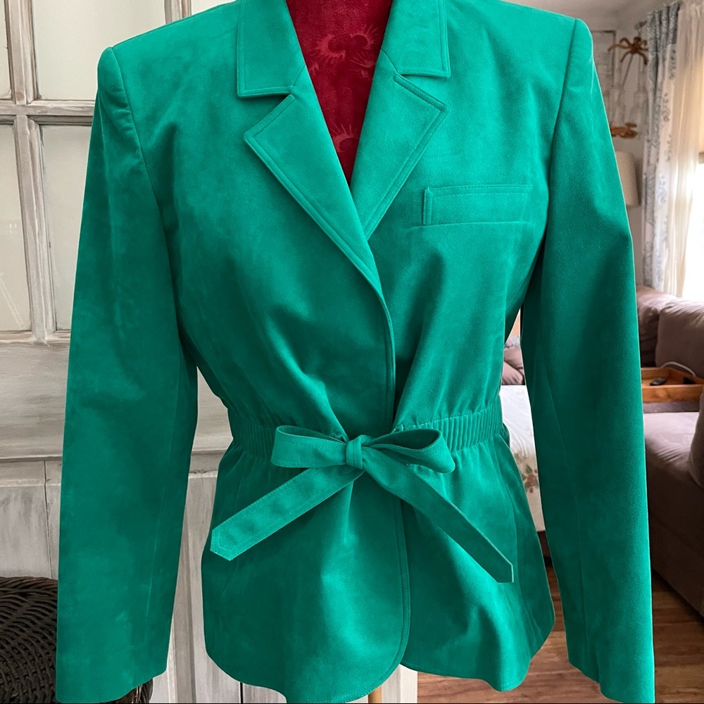 Vintage 80s Emerald Green Suede Belted Blazer | Power Suit Jacket | Size M